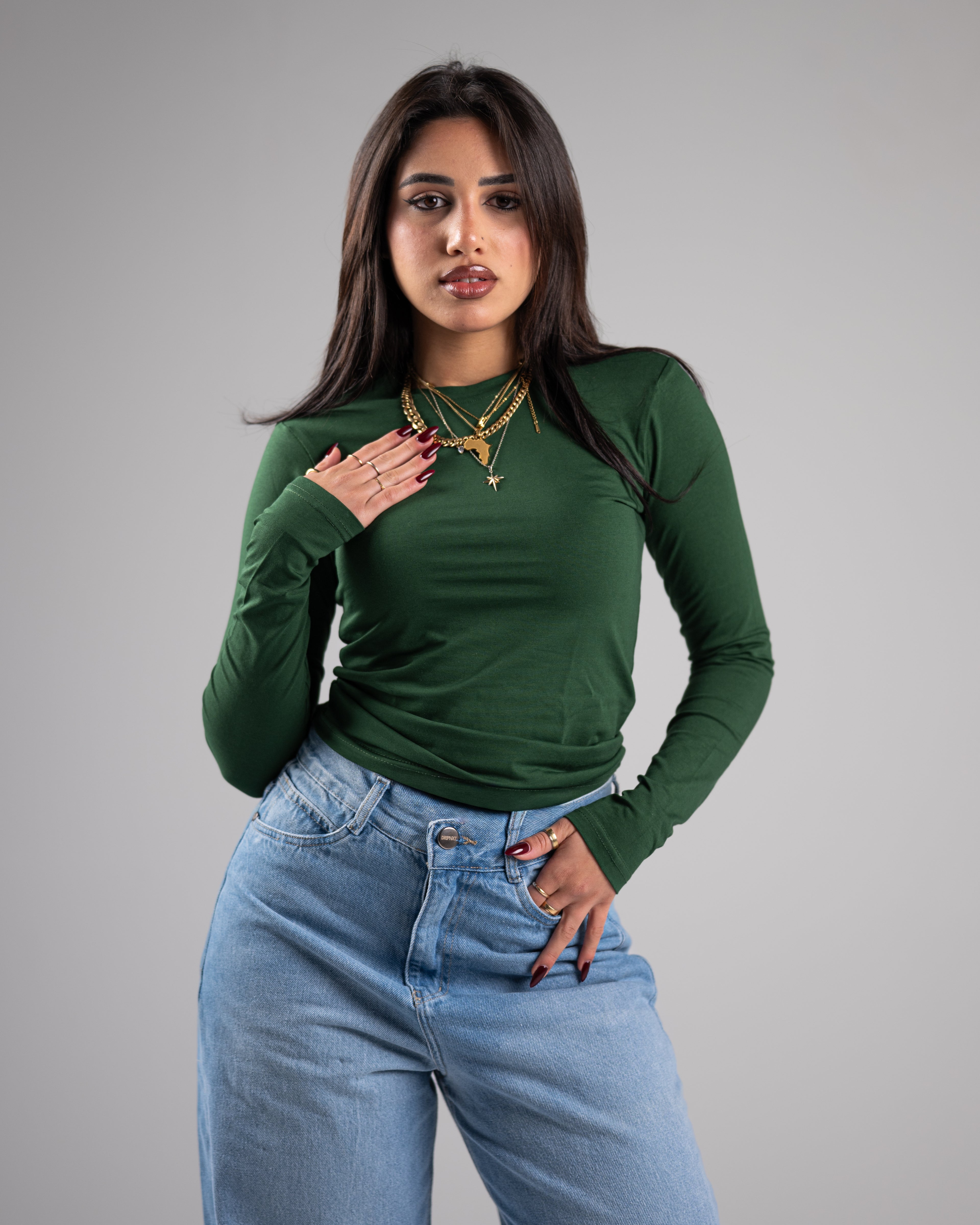 Green Long Sleeve Basic Top