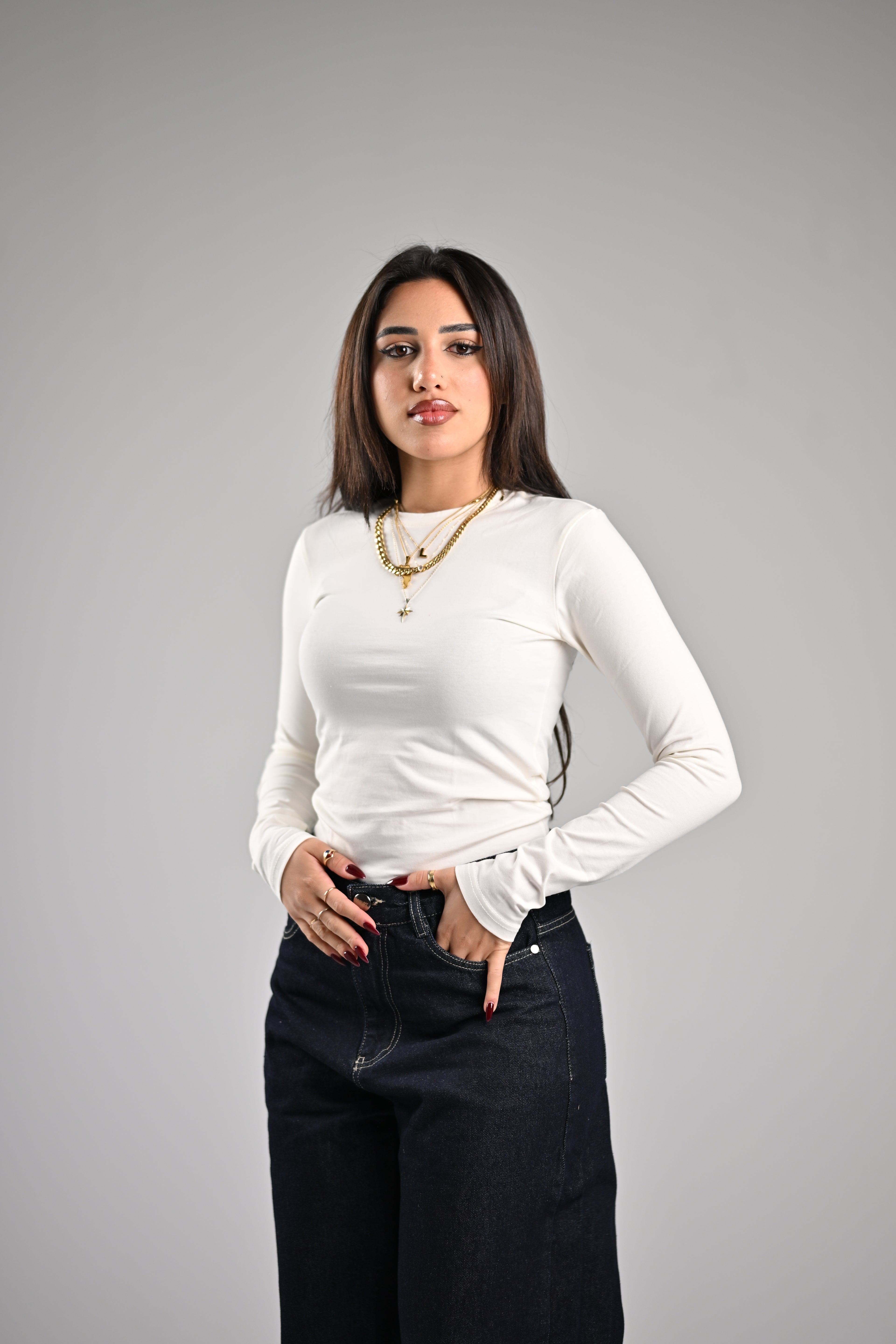 Off White Long Sleeve Basic Top