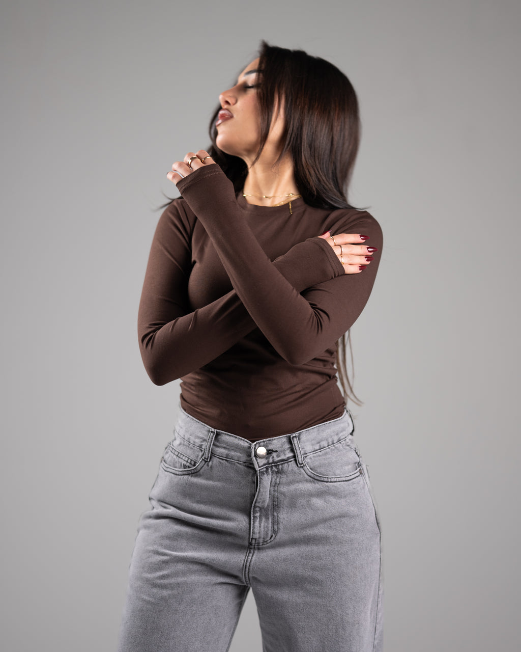 Brown Long Sleeves Basic Top